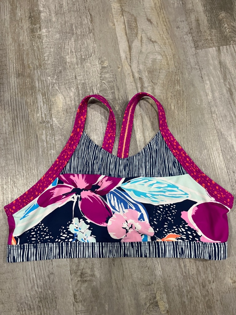 Athleta girl bikini top XXL 16 floral  Sports Bra with Pink Trim
